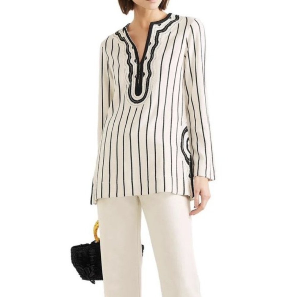 TORY BURCH TUNIC NEW IVORY/BLACK FILIPA RAYON SLUB STRIPE - SZ 2